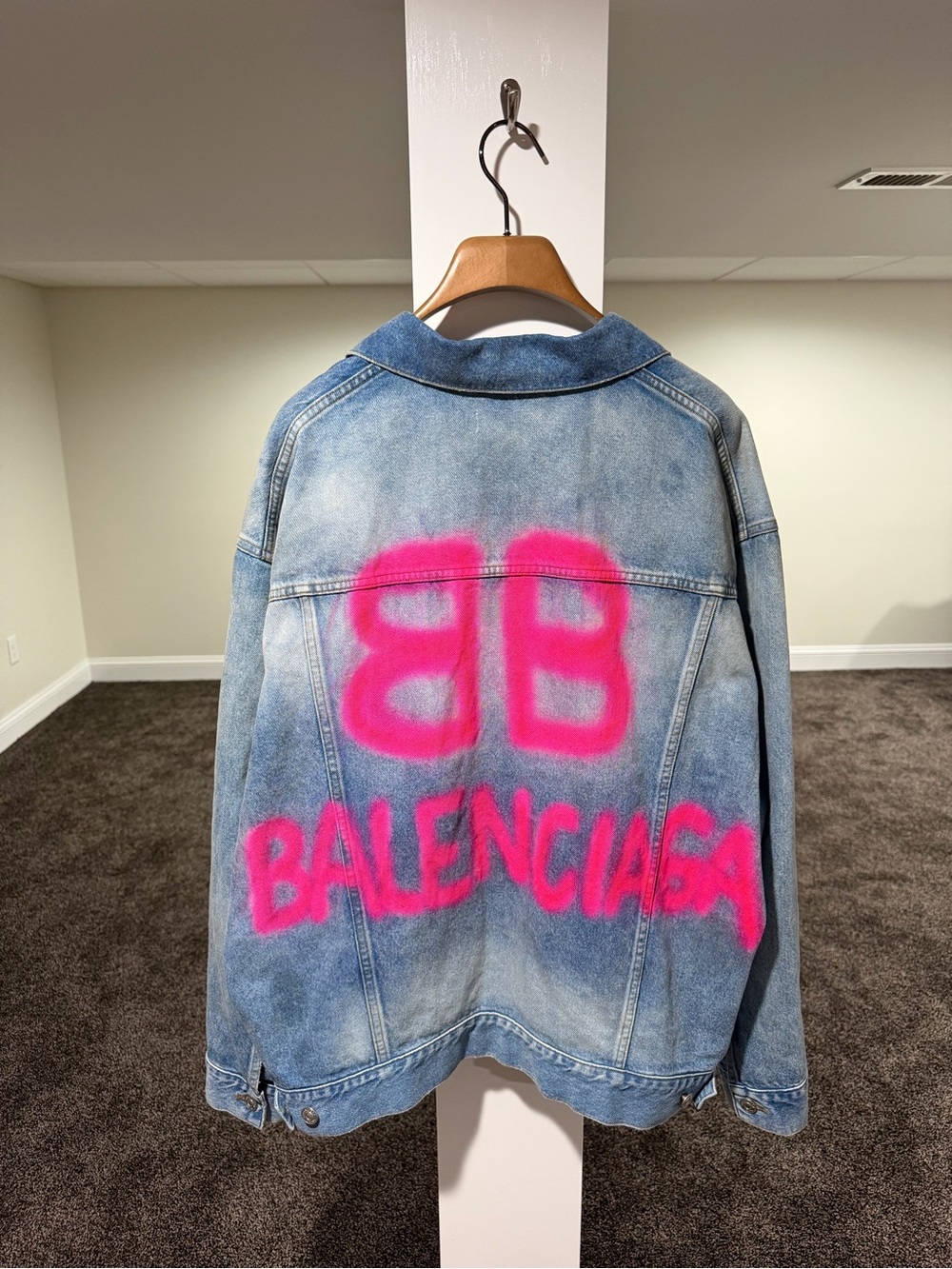 Balenciaga SS22 Pink Spray Paint Oversized Light Wash Blue Denim Jacket
